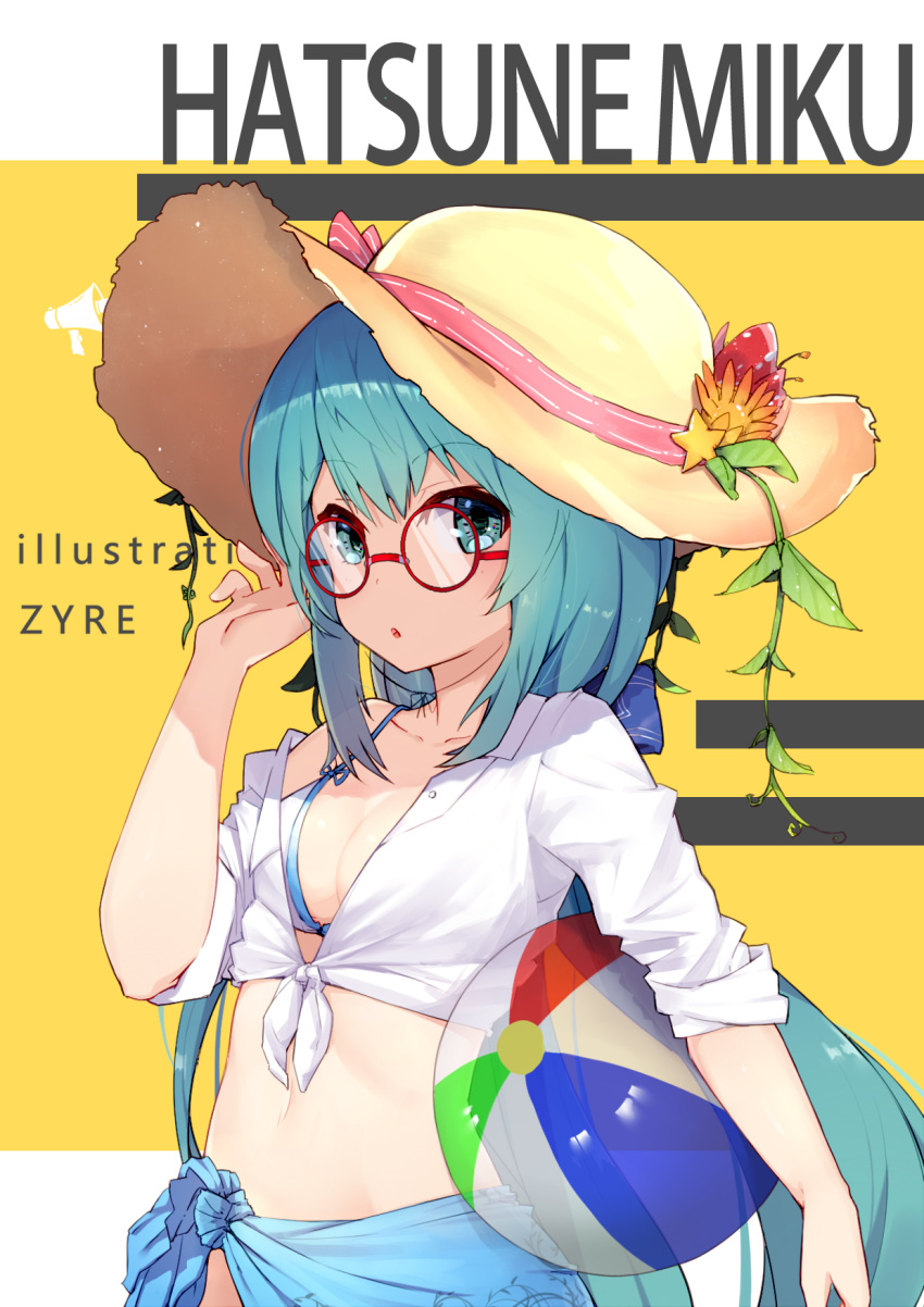 1girl artist_name ball beachball blue_eyes blue_hair blue_ribbon breasts character_name cleavage dress_shirt eyebrows_visible_through_hair hair_between_eyes hair_ribbon hat hat_ribbon hatsune_miku highres holding holding_ball long_hair looking_at_viewer midriff navel open_clothes open_shirt pink_ribbon ponytail red-framed_eyewear ribbon sarong shirt small_breasts solo standing stomach straw_hat tied_shirt transparent upper_body very_long_hair vocaloid white_bikini_top white_shirt yellow_hat zhayin-san