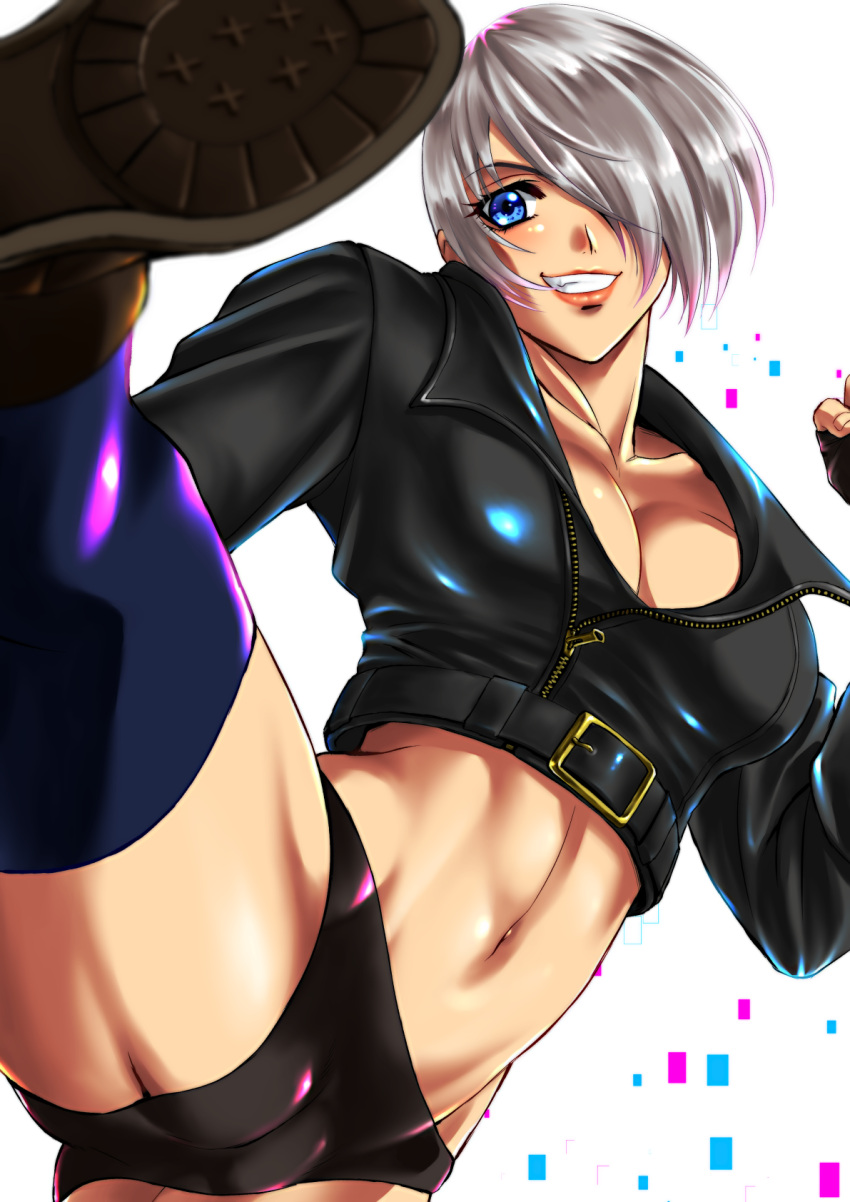 angel_(kof) belt beniazumaru black_panties blue_eyes breasts cleavage cropped_jacket fingerless_gloves gloves hair_over_one_eye highres jacket kicking midriff panties silver_hair smile the_king_of_fighters toned underwear white_hair