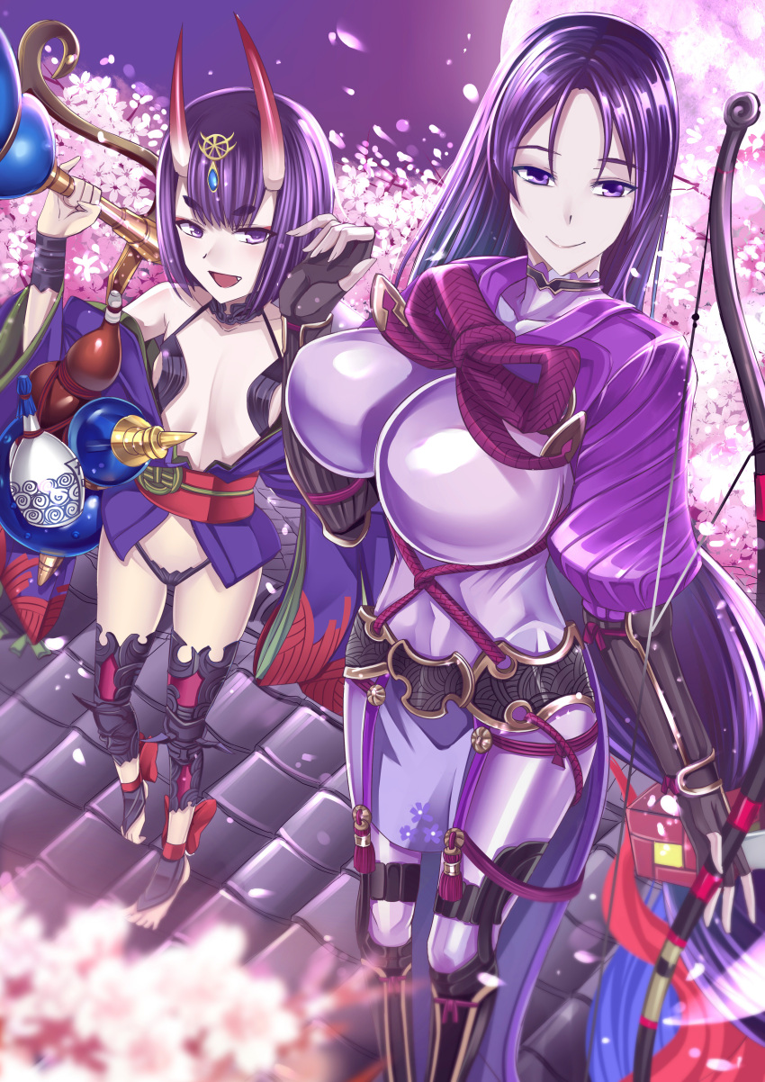 2girls absurdres ankle_ribbon bangs barefoot_sandals bob_cut bodysuit breasts covered_navel fangs fate/grand_order fate_(series) fingerless_gloves gloves gourd gu_li headpiece highres horns japanese_clothes kimono large_breasts long_hair looking_at_viewer low-tied_long_hair minamoto_no_raikou_(fate/grand_order) multiple_girls oni oni_horns open_clothes open_kimono open_mouth parted_bangs purple_bodysuit purple_hair purple_kimono revealing_clothes ribbed_sleeves ribbon rope short_eyebrows short_hair shuten_douji_(fate/grand_order) small_breasts smile very_long_hair violet_eyes