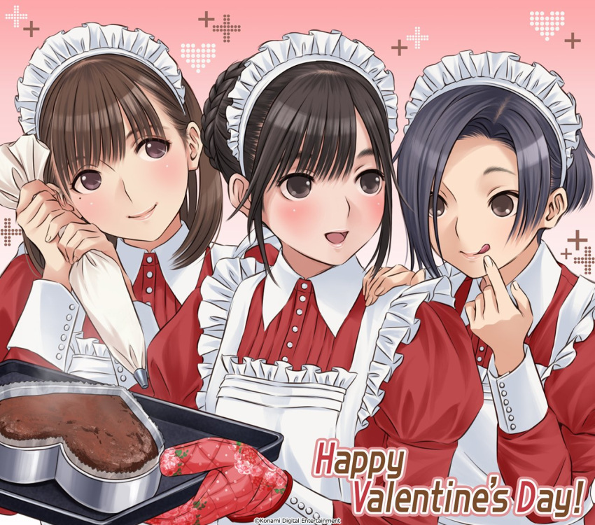 3girls :q alternate_hairstyle anegasaki_nene apron artist_request baking_sheet bangs black_hair braid brown_eyes brown_hair buttons cake_pan chocolate chocolate_heart english fingernails frilled_apron frills gradient gradient_background hair_over_one_eye hand_on_another's_shoulder hands_up happy_valentine headdress heart holding kobayakawa_rinko long_sleeves looking_to_the_side love_plus medium_hair mole mole_under_eye multiple_girls official_art open_mouth oven_mitts pastry_bag short_hair smile takane_manaka tongue tongue_out upper_body valentine watermark white_apron
