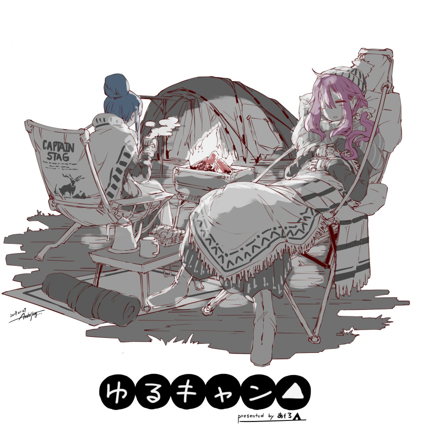 2girls andojing blanket blue_hair boots campfire chair copyright_name fingerless_gloves gloves hair_bun highres kagamihara_nadeshiko long_hair multiple_girls pink_hair shima_rin sleeping sleeping_bag yurucamp