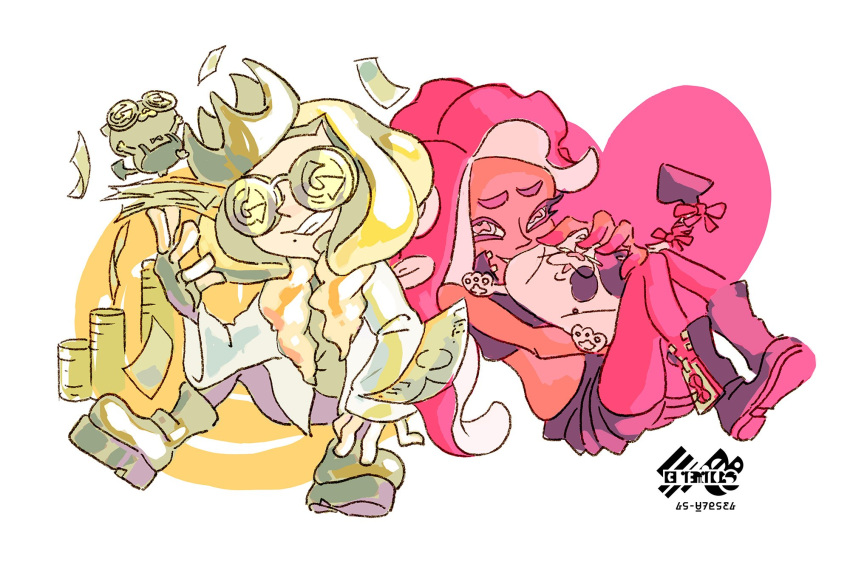 2girls boots cat coin commentary dollar_bill glasses highres inoue_seita jajji-kun_(splatoon) logo marina_(splatoon) multiple_girls octarian official_art pearl_(splatoon) ribbon splatoon splatoon_2 stack tail tail_ribbon tentacle_hair