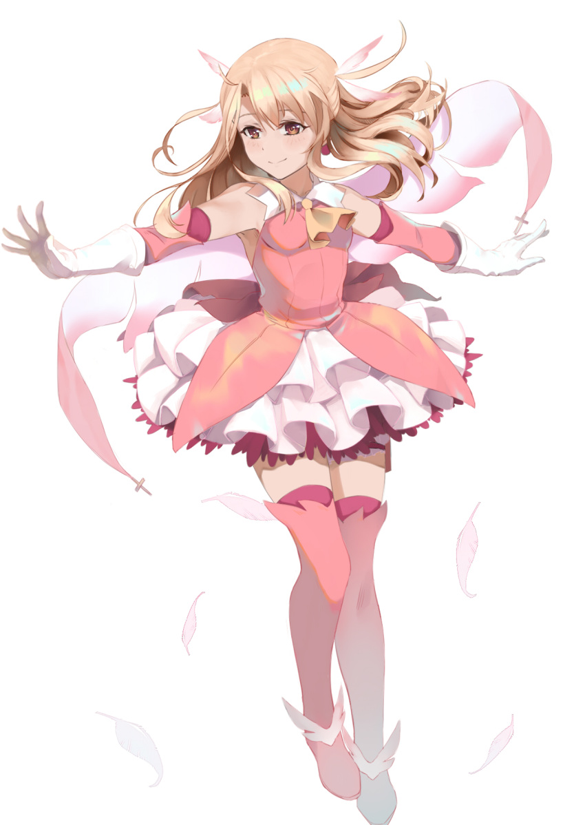 1girl blonde_hair boots brown_eyes detached_sleeves eyebrows_visible_through_hair fate/kaleid_liner_prisma_illya fate_(series) feathers floating_hair full_body gloves hair_between_eyes hair_feathers highres layered_skirt long_hair miniskirt outstretched_arms pink_feather pink_footwear pink_legwear prisma_illya simple_background skirt smile solo standing thigh-highs thigh_boots white_background white_gloves white_skirt yonago_miko