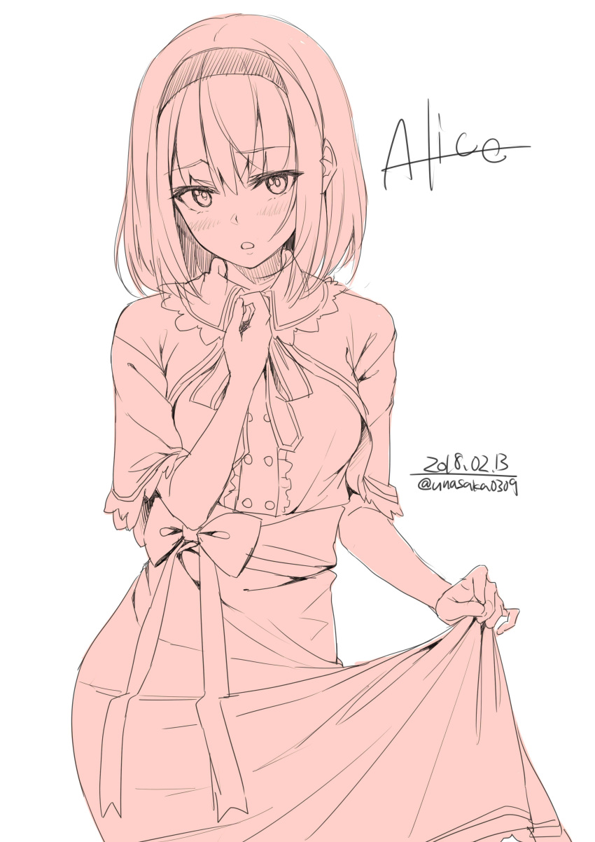 1girl absurdres alice_margatroid bangs blush bow capelet character_name cowboy_shot dated eyebrows_visible_through_hair hairband highres looking_at_viewer monochrome open_mouth short_hair simple_background solo touhou twitter_username unasaka_ryou white_background