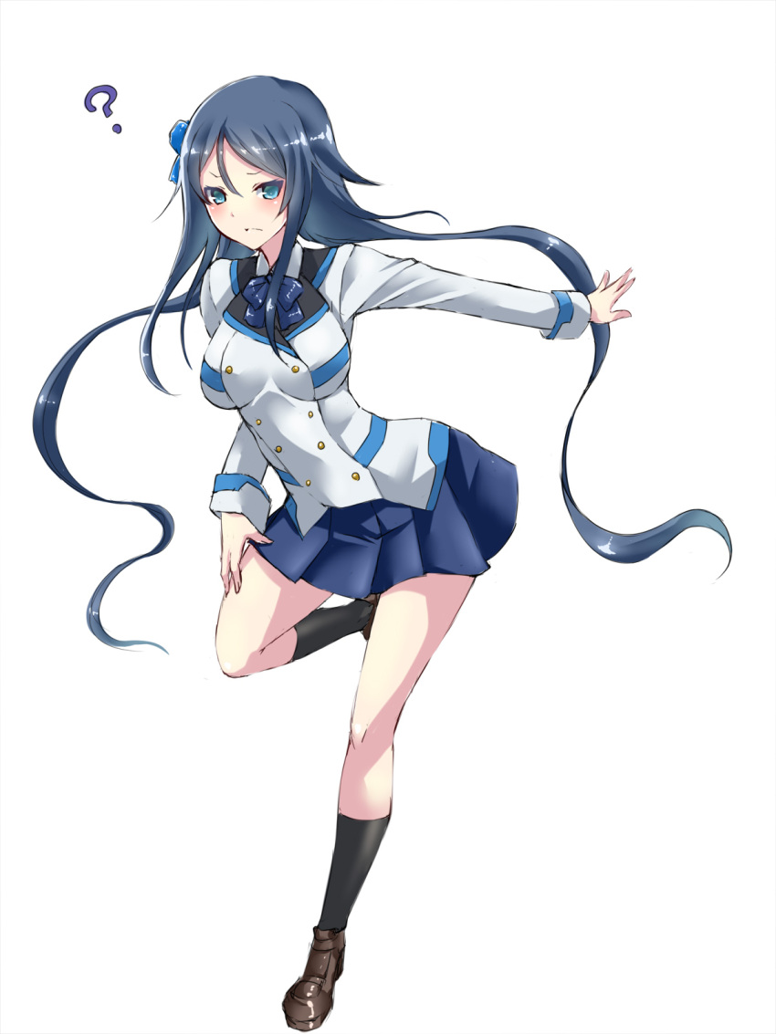 1girl ? black_hair black_legwear blue_bow blue_eyes blue_neckwear blue_skirt blush bow bowtie brown_footwear full_body hair_between_eyes hair_bow highres long_hair looking_at_viewer low_twintails maron_(kagamikunn) miniskirt mother_(pso2) one_leg_raised outstretched_arm phantasy_star phantasy_star_online_2 pleated_skirt shoes simple_background skirt solo standing standing_on_one_leg twintails very_long_hair white_background