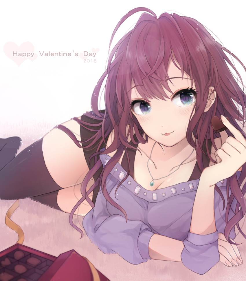 1girl :3 ahoge artist_request bangs black_legwear black_skirt blue_eyes blush box box_of_chocolates breasts brown_hair chocolate chocolate_heart cleavage collarbone eyebrows_visible_through_hair gift gift_box happy_valentine heart highres holding_chocolate ichinose_shiki idolmaster idolmaster_cinderella_girls jewelry long_hair looking_at_viewer lying medium_breasts necklace off-shoulder_shirt off_shoulder on_side purple_shirt ribbon shirt skirt smile solo thigh-highs thighs tongue tongue_out valentine wavy_hair white_background