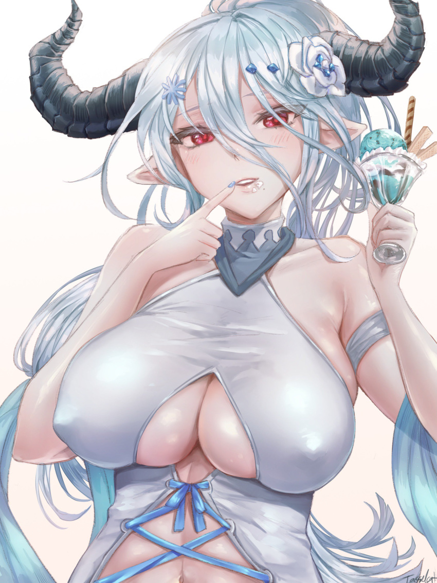 1girl absurdres alternate_costume bare_shoulders blush breasts center_opening cleavage doraf erect_nipples flower food granblue_fantasy hair_between_eyes hair_flower hair_ornament hairclip highres horns ice_cream ice_cream_cup izmir large_breasts long_hair looking_at_viewer nail_polish parted_lips pointy_ears ponytail red_eyes silver_hair smile solo swimsuit tasselneko under_boob upper_body