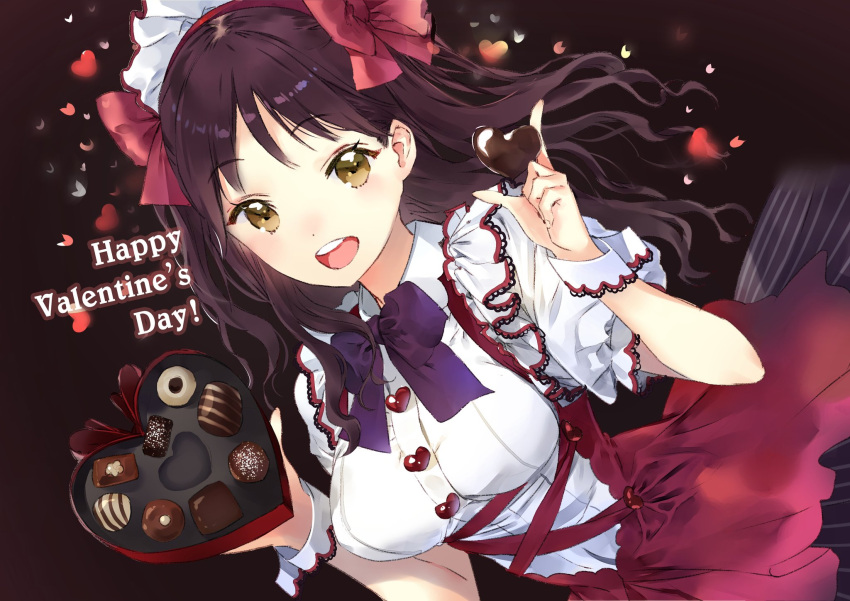 1girl :d bangs blush bow bowtie box breasts brown_background brown_eyes brown_hair chocolate chocolate_heart commentary_request eyebrows_visible_through_hair hair_bow heart heart-shaped_box highres holding long_hair macciatto_(aciel02) maid maid_headdress medium_breasts open_mouth original puffy_short_sleeves puffy_sleeves purple_neckwear red_bow red_skirt shirt short_sleeves skirt smile solo upper_teeth valentine white_shirt wrist_cuffs