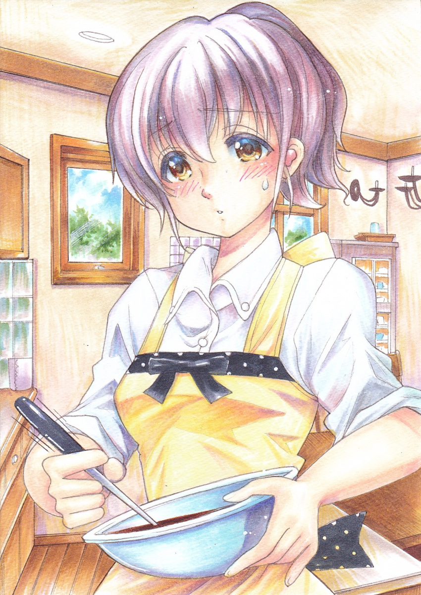 1girl apron chocolate cooking kitchen koe_no_katachi looking_at_viewer nishimiya_shouko pink_hair pixiv ponytail purple_hair solo sweatdrop tagme valentine