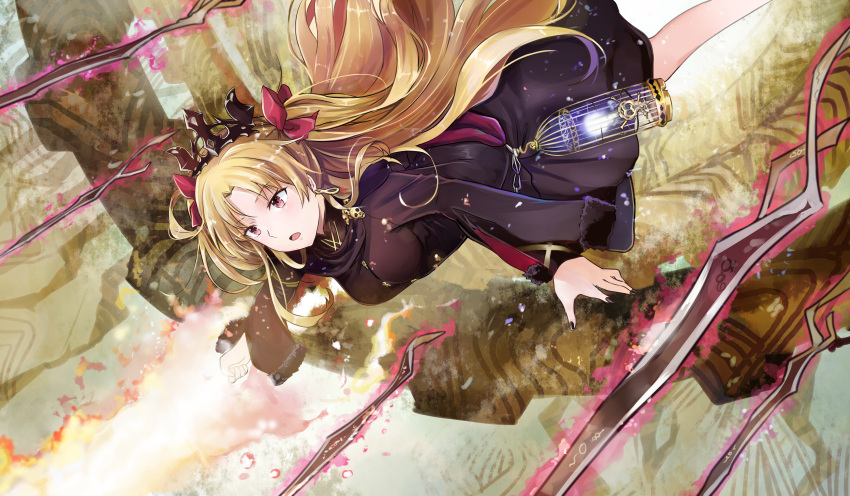 1girl absurdres black_dress black_nails blonde_hair brown_eyes diadem dress ereshkigal_(fate/grand_order) fate/grand_order fate_(series) floating_hair hair_ribbon highres jeffrey10 long_hair nail_polish open_mouth outstretched_arm red_ribbon ribbon short_dress solo very_long_hair