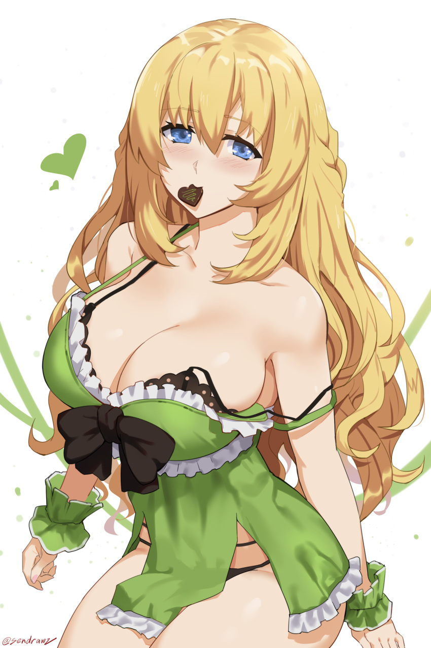 1girl absurdres babydoll blonde_hair blue_eyes blush braid breasts chair chocolate chocolate_heart choker choujigen_game_neptune cleavage collarbone cowboy_shot food french_braid heart highres large_breasts long_hair looking_at_viewer mouth_hold neptune_(series) ribbon sendrawz shiny shiny_hair shiny_skin sitting thick_thighs thighs twitter_username valentine vert white_background