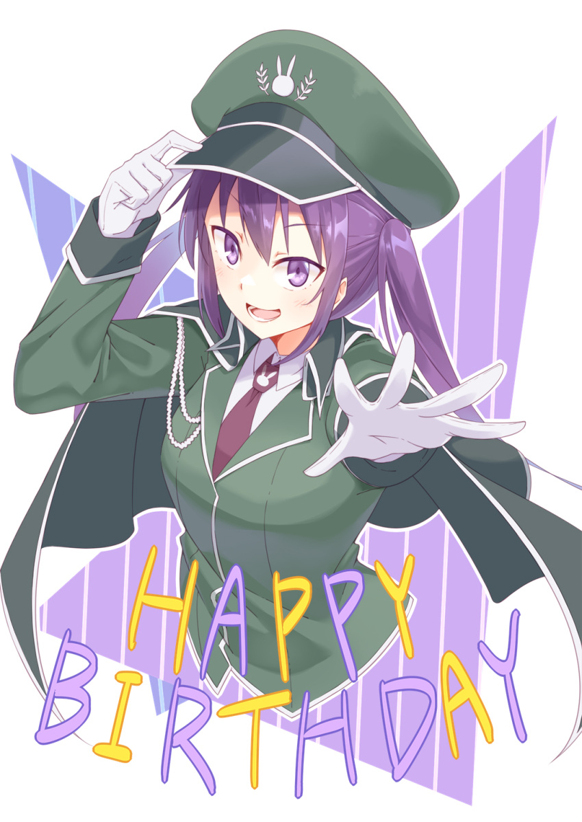 1girl :d commentary_request cropped_torso gloves gochuumon_wa_usagi_desu_ka? hand_on_headwear happy_birthday hat hetareeji highres long_hair looking_at_viewer open_mouth outstretched_arm purple_hair smile solo tedeza_rize twintails uniform upper_body violet_eyes white_gloves