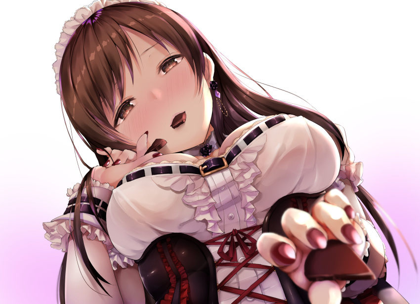 1girl absurdres alternate_costume apron bangs blurry blush breasts brown_eyes brown_hair buttons center_frills chocolate corset cross-laced_clothes depth_of_field detached_collar dress earrings enmaided erect_nipples eyebrows_visible_through_hair fantia_reward fay fingernails food foreshortening frilled_sleeves frills from_below gradient gradient_background half-closed_eyes hand_to_own_face hand_up head_tilt highres holding holding_chocolate idolmaster idolmaster_cinderella_girls jewelry large_breasts long_fingernails long_hair looking_at_viewer looking_down maid maid_apron maid_headdress mouth_hold nail_polish nitta_minami outstretched_arm outstretched_hand paid_reward puffy_short_sleeves puffy_sleeves reaching reaching_out red_nails red_ribbon ribbon short_sleeves smile solo valentine wrist_cuffs