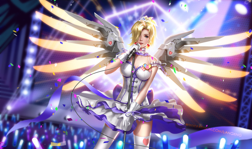 1girl alternate_costume blonde_hair breasts cleavage confetti crowd glowstick hair_over_one_eye heart idol liang_xing looking_at_viewer mechanical_wings mercy_(overwatch) overwatch solo stage thigh-highs wings