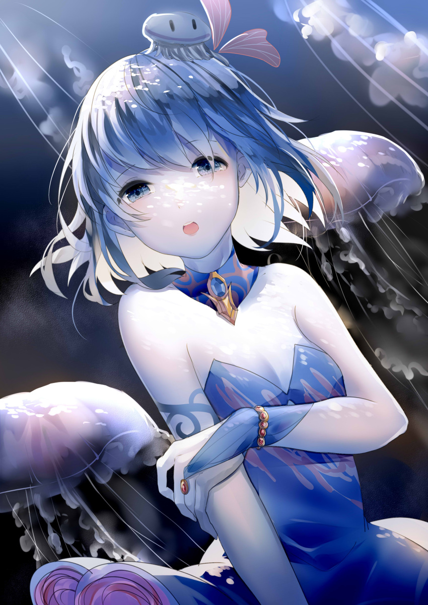 1girl absurdres arm_tattoo bangs bare_shoulders blue_dress blue_eyes blue_hair bracelet breasts bridal_gauntlets cleavage dark_background detached_collar dress eyebrows_visible_through_hair gem hand_on_own_arm highres jellyfish jellyfish_hair_ornament jewelry looking_at_viewer original shiny shiny_hair short_hair small_breasts solo strapless strapless_dress tadatsu tareme tattoo upper_body