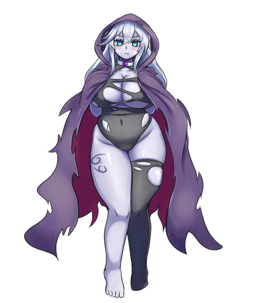 1girl :t black_legwear blue_eyes blush breasts cape cleavage commentary covered_navel full_body hair_between_eyes highres hood hooded_cape huge_breasts lich_(monster_girl_encyclopedia) long_hair looking_at_viewer monster_girl_encyclopedia nav pale_skin pout silver_hair simple_background single_thighhigh solo tattoo thick_thighs thigh-highs thighs torn_clothes torn_thighhighs white_background wide_hips