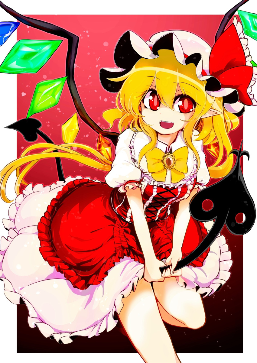 1girl azumaya_toushirou blonde_hair bow brooch commentary_request dress eyebrows_visible_through_hair feet_out_of_frame flandre_scarlet frilled_shirt_collar frills hair_between_eyes hat hat_bow highres jewelry laevatein leaning_forward looking_at_viewer neck_bow open_mouth outside_border petticoat pointy_ears puffy_short_sleeves puffy_sleeves red_background red_bow red_dress red_eyes short_hair short_sleeves side_ponytail simple_background smile solo standing standing_on_one_leg touhou white_border wings yellow_bow yellow_neckwear