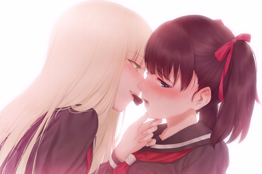 2girls :o absurdres asaba0327 bangs black_sailor_collar black_shirt blonde_hair blue_eyes blush chocolate chocolate_heart eyebrows_visible_through_hair from_side green_eyes hair_ribbon half-closed_eyes hand_on_another's_chin heart highres lips long_hair looking_away looking_to_the_side mouth_hold multiple_girls neckerchief nose_blush open_mouth original parted_lips pink_ribbon profile red_neckwear ribbon sailor_collar school_uniform serafuku shirt short_twintails simple_background straight_hair twintails upper_body valentine white_background yuri