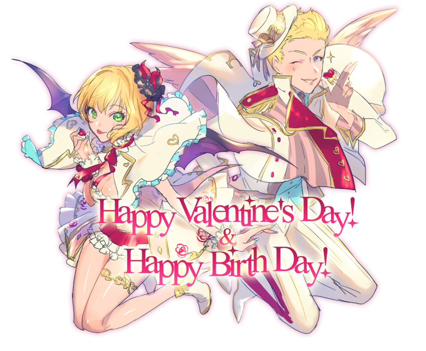 1boy 1girl angel_wings bat_wings blonde_hair blue_eyes breasts capelet cleavage dekooop epaulettes formal frills gold_trim green_eyes hair_ornament happy_birthday happy_valentine hat heart heart_hair_ornament high_heels idolmaster idolmaster_cinderella_girls idolmaster_side-m ijuuin_hokuto kneeling looking_at_viewer medium_breasts miyamoto_frederica one_eye_closed red_ribbon ribbon short_hair simple_background sketch skirt smile suit top_hat tuxedo white_background white_suit wings