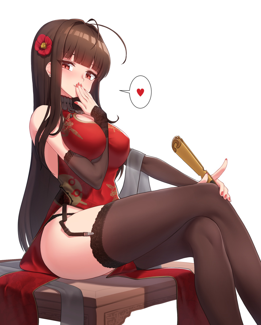 1girl antenna_hair bangs bare_shoulders between_breasts black_legwear black_panties blunt_bangs blush breasts brown_hair china_dress chinese_clothes cleavage_cutout closed_mouth commentary dress dsr-50_(girls_frontline) earrings eyebrows_visible_through_hair eyes_visible_through_hair flower garter_straps girls_frontline hair_flower hair_intakes hair_ornament hand_to_own_mouth heart highres jewelry large_breasts long_hair looking_at_viewer nail_polish narynn panties pink_nails red_dress red_eyes red_flower simple_background sitting solo speech_bubble spoken_heart thigh-highs underwear very_long_hair white_background