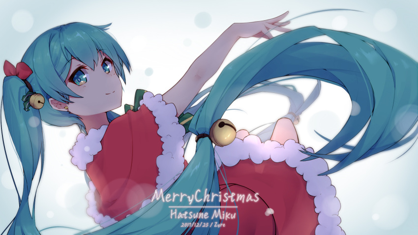 1girl 2017 bell blue_eyes blue_hair capelet character_name dated dress eyebrows_visible_through_hair floating_hair fur_trim hair_between_eyes hair_ribbon hatsune_miku highres long_hair merry_christmas outstretched_arm red_dress red_ribbon ribbon santa_costume short_dress solo twintails very_long_hair vocaloid zhayin-san