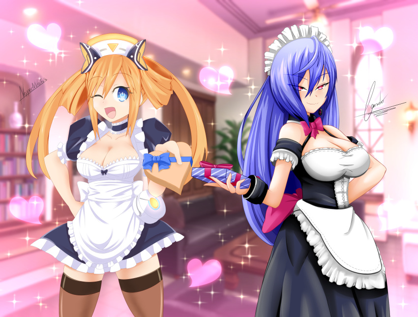 2girls ;d alternate_costume apron arm_behind_back blue_eyes blue_hair breasts cleavage cleavage_cutout collaboration cowboy_shot cundodeviant detached_collar enmaided gift hair_between_eyes hat heart highres holding holding_gift indoors iris_heart kami_jigen_game_neptune_v large_breasts long_hair looking_at_viewer maid maid_apron maid_headdress medium_breasts multiple_girls neppedwaifu neptune_(series) one_eye_closed open_mouth orange_hair orange_heart pink_eyes power_symbol puffy_short_sleeves puffy_sleeves shin_jigen_game_neptune_vii short_sleeves smile smug symbol-shaped_pupils thigh-highs twintails valentine very_long_hair white_apron