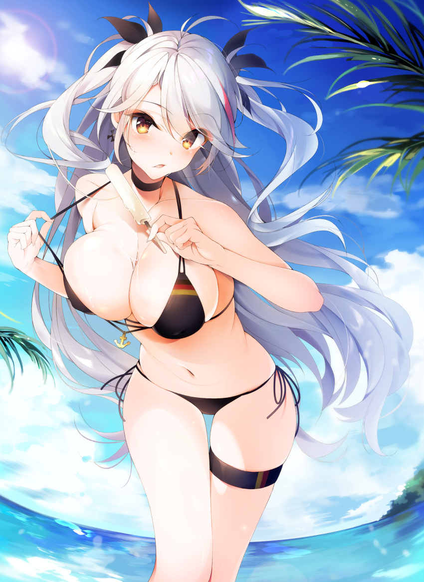 1girl anchor azur_lane bangs bikini bikini_pull black_bikini black_bow bow breasts brown_eyes cleavage day food hair_bow hands_up highlights highres holding holding_food kisaragi_kiriha large_breasts leaning_forward long_hair looking_at_viewer multicolored_hair navel outdoors palm_tree popsicle prinz_eugen_(azur_lane) side-tie_bikini silver_hair solo swimsuit thigh_strap thighs tree two_side_up