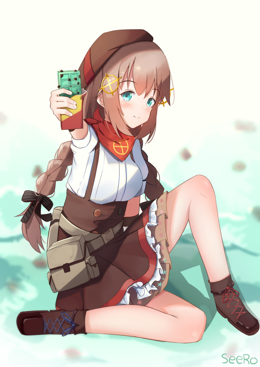 1girl aqua_eyes artist_name bangs beret black_bow blush boots bow braid breasts brown_footwear brown_hat brown_skirt chocolate closed_mouth commentary_request cross-laced_footwear eyebrows_visible_through_hair fingernails fn_fnc_(girls_frontline) food girls_frontline hair_between_eyes hair_bow hair_ornament hat highres holding holding_food lace-up_boots low_twintails seero shirt sitting skirt small_breasts smile solo suspender_skirt suspenders twin_braids twintails white_shirt