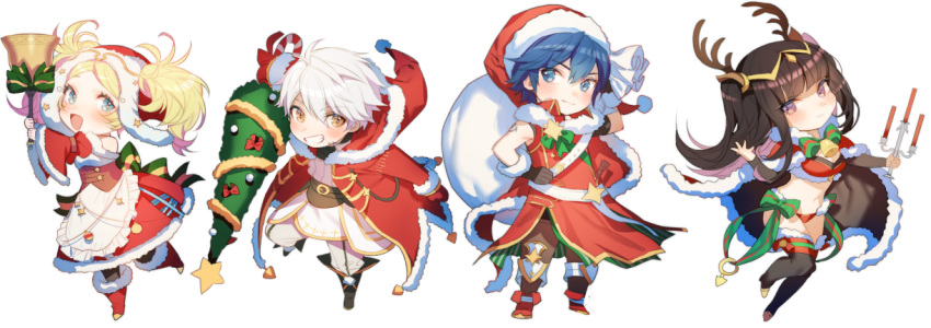 2boys 2girls bare_shoulders bikini black_hair blonde_hair blue_eyes blue_hair blush boots bracelet breasts bridal_gauntlets brother_and_sister cape chibi christmas christmas_tree circlet cleavage dress fire_emblem fire_emblem:_kakusei fire_emblem_heroes hair_ornament headband horns jewelry krom liz_(fire_emblem) long_hair looking_at_viewer male_my_unit_(fire_emblem:_kakusei) medium_breasts multiple_boys multiple_girls my_unit_(fire_emblem:_kakusei) open_mouth short_hair short_twintails siblings simple_background smile swimsuit tharja tiara tree twintails two_side_up zuizi