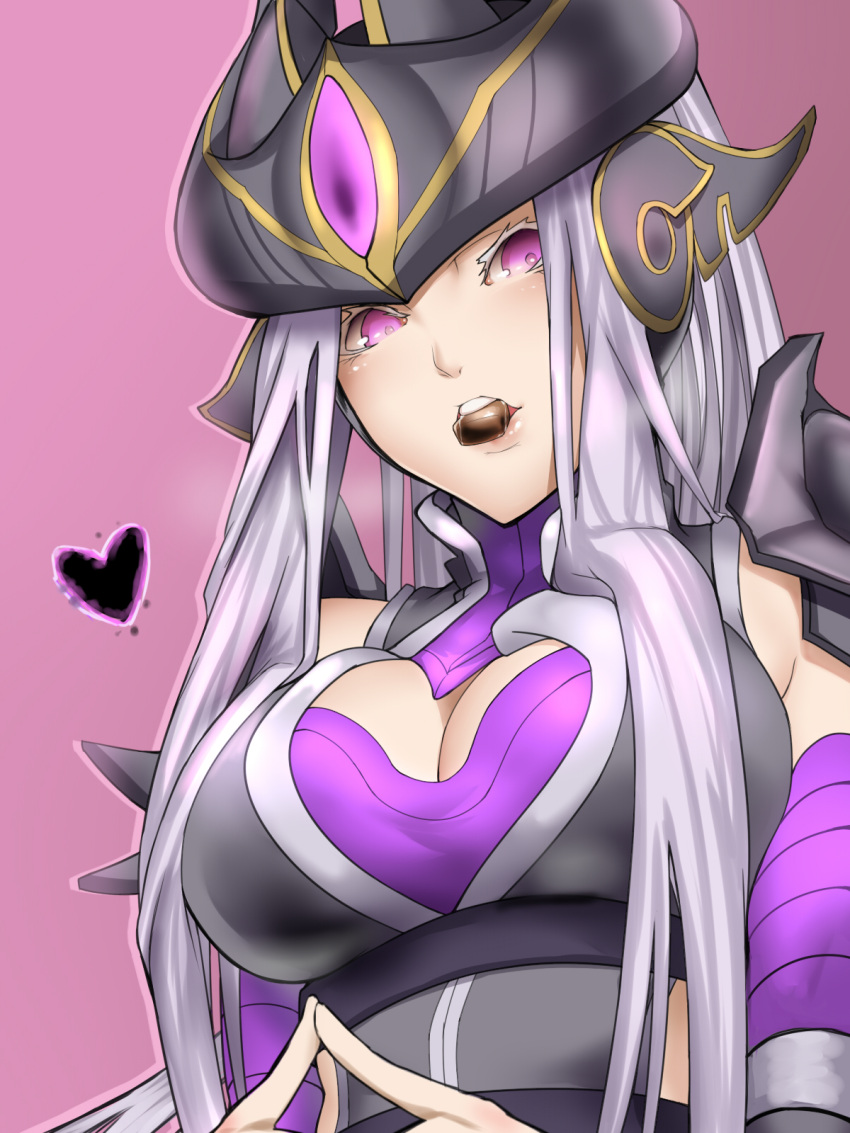 1girl breasts center_opening chocolate cleavage eyelashes food_in_mouth half-closed_eyes heart helmet highres kumiko_shiba large_breasts league_of_legends long_hair looking_at_viewer open_mouth purple_background simple_background syndra teeth upper_body valentine violet_eyes white_hair