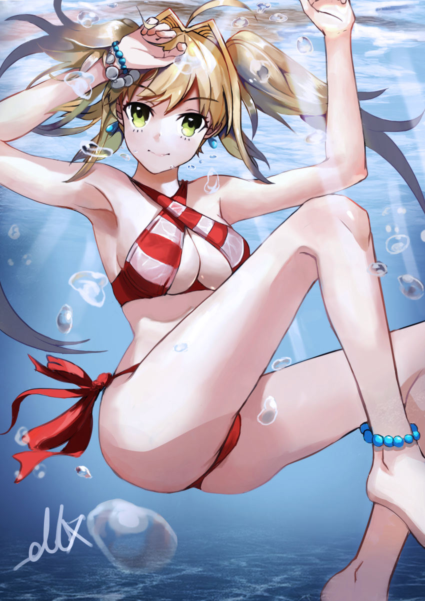 1girl absurdres ahoge air_bubble armpits arms_up ass bare_legs barefoot bikini bracelet breasts bubble closed_mouth criss-cross_halter day earrings eyebrows_visible_through_hair fate/grand_order fate_(series) feet_out_of_frame hair_intakes halterneck highres jewelry large_breasts light_rays long_hair looking_at_viewer nero_claudius_(fate)_(all) nero_claudius_(swimsuit_caster)_(fate) outdoors pearl_bracelet red_bikini red_ribbon ribbon saber_extra side-tie_bikini signature smile solo striped striped_bikini submerged sunbeam sunlight swimsuit thighs twintails under_boob underwater water_surface