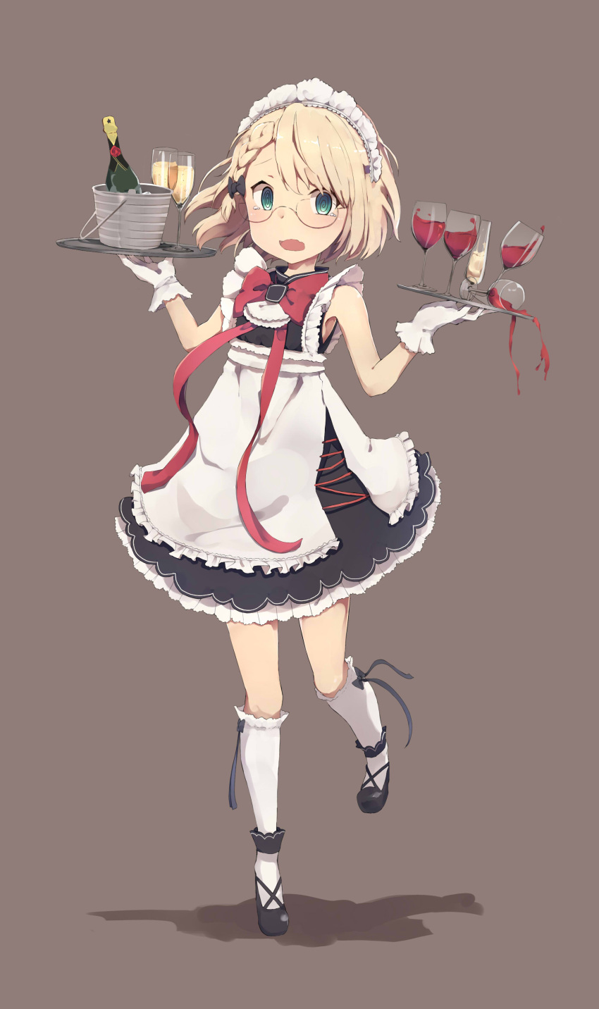 1girl @_@ absurdres ahokoo alcohol apron aqua_eyes balancing bangs black_footwear blonde_hair bottle bow bow_legwear bowtie braid bucket champagne champagne_bottle champagne_flute commentary_request cup dress drinking_glass french_braid full_body g36_(girls_frontline) girls_frontline glasses gloves grey_background hair_bow highres holding holding_tray kneehighs looking_at_viewer maid maid_headdress open_mouth revision shoes short_hair simple_background sleeveless sleeveless_dress solo spilling standing standing_on_one_leg tearing_up tears tray white_gloves white_legwear wine wine_glass