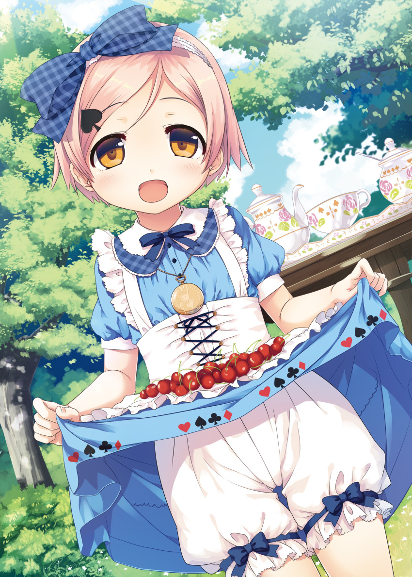 1girl :d absurdres apron bangs bloomers blue_bow blue_dress blue_sky blush bow brown_eyes checkered_bow cherry clouds club_(shape) commentary_request cup cura day diamond_(shape) dress dutch_angle eyebrows_visible_through_hair fingernails food frilled_skirt frills fruit hair_bow hair_ornament head_tilt heart highres light_brown_hair maitetsu open_mouth outdoors pocket_watch puffy_short_sleeves puffy_sleeves reina_(maitetsu) short_hair short_sleeves skirt skirt_basket sky smile solo spade_(shape) spade_hair_ornament teacup teapot tray tree underwear watch white_apron white_bloomers