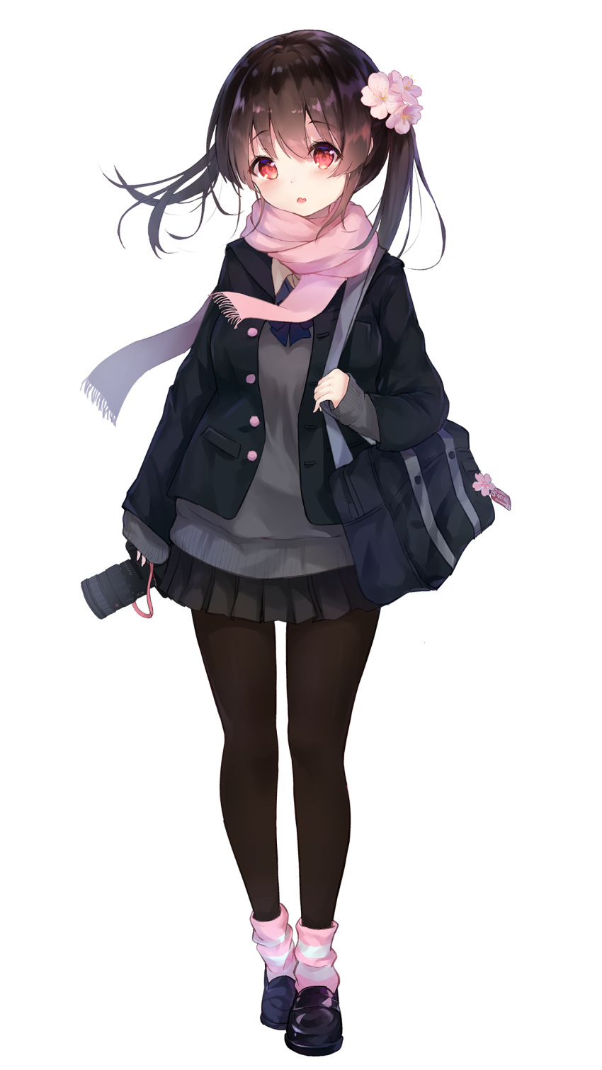 1girl :o bag bangs black_bag black_footwear black_jacket black_legwear black_skirt blush brown_hair camera cherry_blossoms commentary_request eyebrows_visible_through_hair full_body hair_between_eyes highres holding holding_camera jacket long_hair long_sleeves looking_at_viewer loose_socks original pantyhose pink_hair pink_legwear pink_scarf pleated_skirt sakurano_shiyue scarf school_uniform shoulder_bag simple_background skirt socks standing striped striped_legwear white_background white_legwear