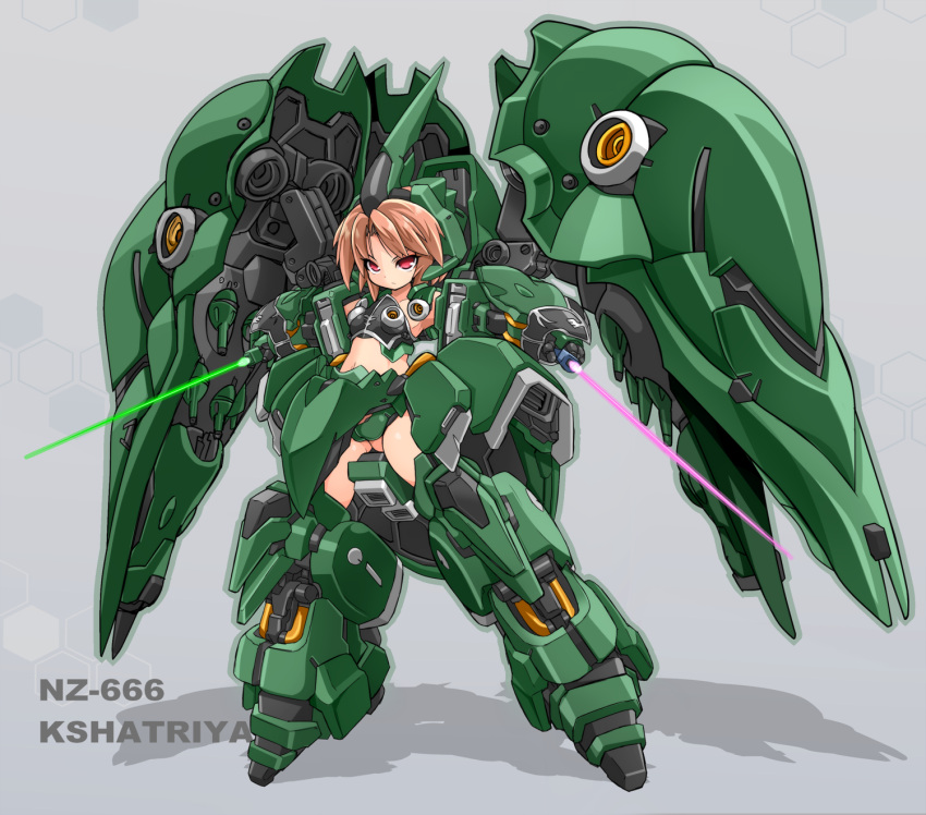 1girl armor beam_saber brown_hair character_name commentary_request dual_wielding gundam gundam_unicorn highres karukan_(monjya) kshatriya mecha_musume navel red_eyes serious shadow simple_background