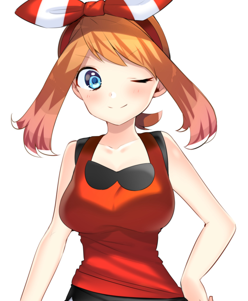 1girl ;) absurdres blue_eyes breasts collarbone eyebrows_visible_through_hair hair_ribbon hairband hand_on_hip haruka_(pokemon) haruka_(pokemon)_(remake) highres long_hair medium_breasts one_eye_closed orange_hair pokemon pokemon_(game) pokemon_oras red_hairband red_shirt ribbon shirt simple_background smile solo standing striped striped_ribbon twintails upper_body white_background yuihiko
