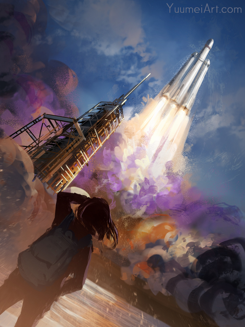 1girl backpack bag commentary day from_behind highres liftoff long_hair original outdoors real_life rocket sky smoke solo space_craft spacex watermark web_address wenqing_yan wind