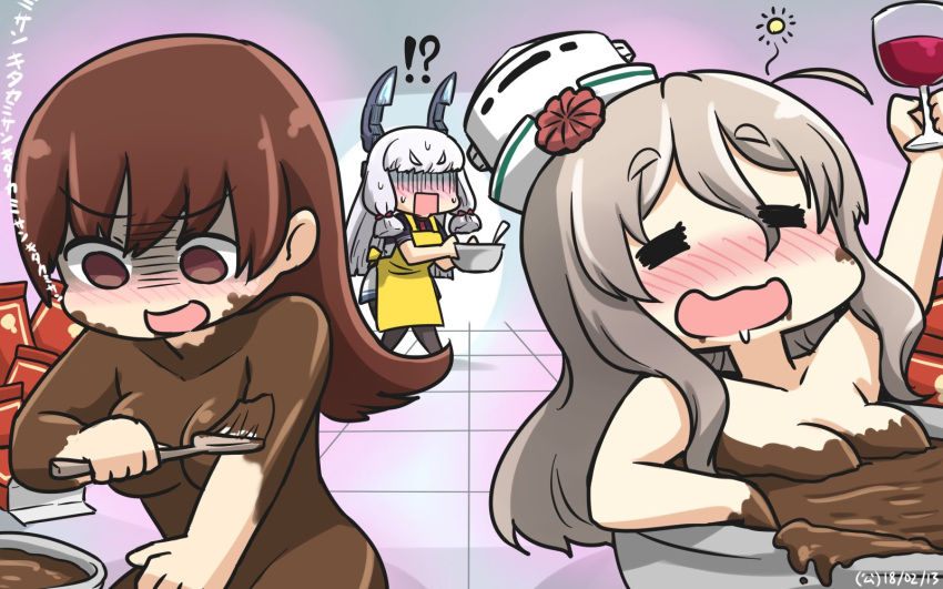 !? 3girls alcohol apron black_legwear blush brown_eyes brown_hair chocolate closed_eyes commentary_request cup drinking_glass drooling drunk empty_eyes hair_ribbon hamu_koutarou hat headgear highres kantai_collection long_hair mini_hat multiple_girls murakumo_(kantai_collection) ooi_(kantai_collection) open_mouth pantyhose pola_(kantai_collection) red_ribbon ribbon silver_hair smile translation_request tress_ribbon white_hat wine wine_glass yellow_apron