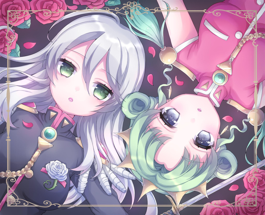 2girls aiguillette aki_(akinyaaaaa) black_shirt cosplay epaulettes expressionless falulu flower green_eyes green_hair grey_eyes highres himemiya_anthy himemiya_anthy_(cosplay) long_hair looking_at_viewer multiple_girls petals pripara red_flower red_rose rose shikyouin_hibiki shirt short_hair shoujo_kakumei_utena silver_hair tenjou_utena tenjou_utena_(cosplay) upper_body white_flower white_rose