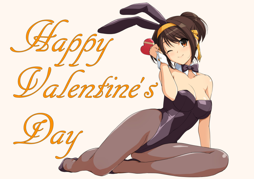 1girl ;) animal_ears arm_support bare_shoulders black_bow black_footwear black_legwear black_leotard black_neckwear bow bowtie box breasts brown_eyes brown_hair bunny_girl bunnysuit cleavage closed_mouth detached_collar eyebrows_visible_through_hair full_body hair_ribbon happy_valentine haruhisky head_tilt heart-shaped_box highres holding holding_box leotard looking_at_viewer one_eye_closed pantyhose ponytail rabbit_ears reclining ribbon shiny shiny_skin simple_background smile solo strapless strapless_leotard suzumiya_haruhi suzumiya_haruhi_no_yuuutsu tareme wrist_cuffs yellow_background yellow_hairband yellow_ribbon