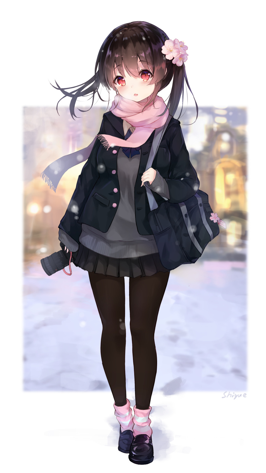 1girl :o absurdres bag bangs black_bag black_footwear black_jacket black_legwear black_skirt blush brown_hair camera cherry_blossoms commentary_request eyebrows_visible_through_hair full_body hair_between_eyes highres holding holding_camera jacket long_hair long_sleeves looking_at_viewer loose_socks original pantyhose pink_hair pink_legwear pink_scarf pleated_skirt sakurano_shiyue scarf school_uniform shoulder_bag skirt socks standing striped striped_legwear white_legwear