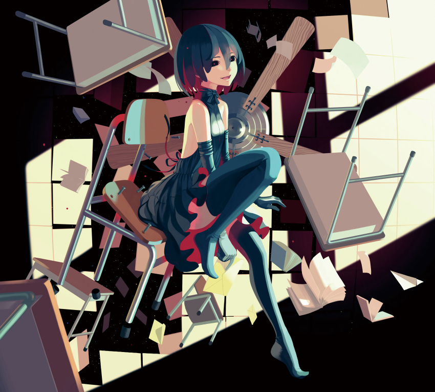 absurdres bakemonogatari bent_knee black_eyes blue_bow blue_hair blue_legwear book bow chair desk dress from_side hair_between_eyes highres monogatari_(series) no_bra open_mouth oshino_ougi owarimonogatari short_hair sitting thigh-highs upside-down vofan