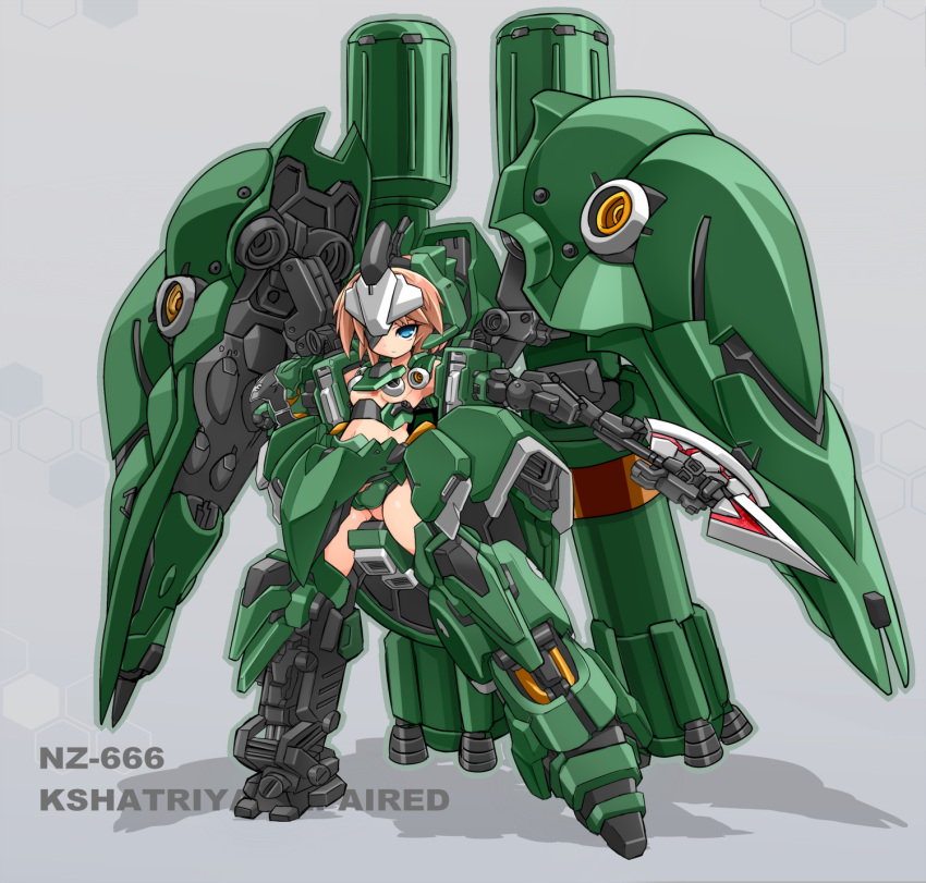 1girl armor blue_eyes brown_hair character_name commentary_request eyepatch gundam gundam_unicorn highres karukan_(monjya) kshatriya mecha_musume navel parts_exposed prosthesis shadow simple_background thrusters