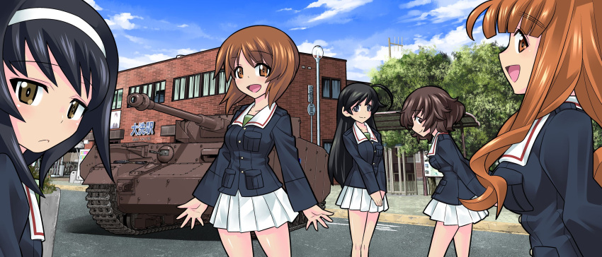 5girls ahoge akiyama_yukari arms_behind_back bangs black_eyes black_hair blue_jacket blunt_bangs brown_eyes brown_hair building closed_mouth clouds cloudy_sky day eyebrows_visible_through_hair from_side frown girls_und_panzer green_shirt ground_vehicle hairband highres inou_takashi isuzu_hana jacket long_hair long_sleeves looking_at_viewer looking_back messy_hair military military_uniform military_vehicle miniskirt motor_vehicle multiple_girls nishizumi_miho ooarai_(ibaraki) ooarai_military_uniform open_mouth orange_eyes orange_hair outdoors panzerkampfwagen_iv pleated_skirt reizei_mako road shirt short_hair skirt sky smile standing street takebe_saori tank tree uniform v_arms white_hairband white_skirt