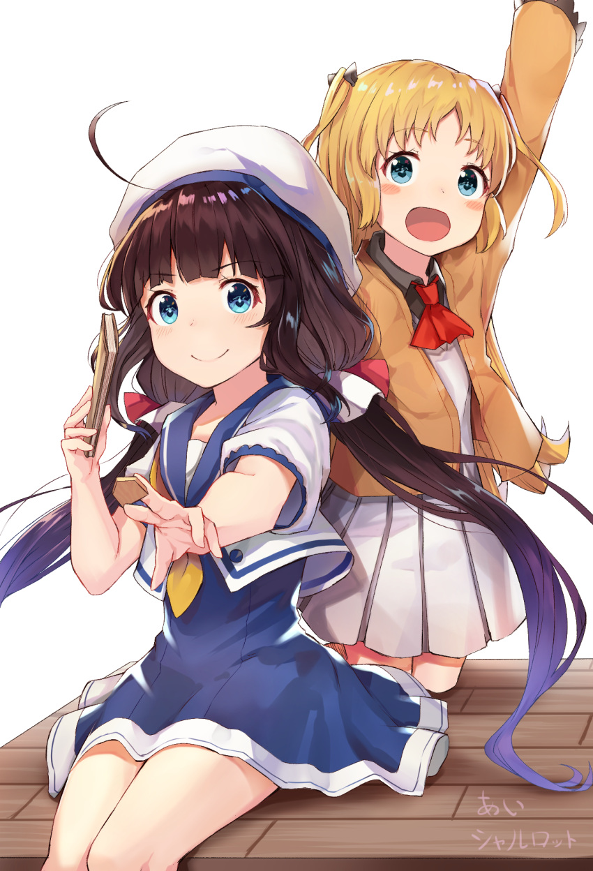 2girls :d ahoge arm_up ascot beret black_bow black_cola black_shirt blonde_hair blue_dress blue_sailor_collar blush board_game bow brown_hair cardigan charlotte_izoard closed_fan closed_mouth collared_shirt commentary_request dress fan folding_fan hair_bow hat highres hinatsuru_ai holding holding_fan kneeling long_hair looking_at_viewer low_twintails multiple_girls neckerchief open_mouth pleated_dress red_neckwear ryuuou_no_oshigoto! sailor_collar sailor_shirt school_uniform shirt shougi sitting smile translation_request twintails two_side_up very_long_hair white_dress white_hat white_shirt yellow_neckwear