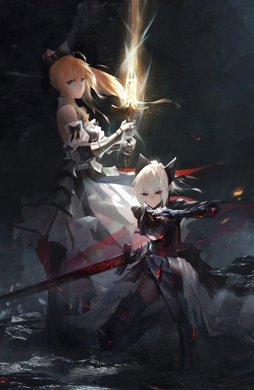 2girls absurdres armor armored_boots armored_dress artoria_pendragon_(all) black_armor black_bow black_footwear black_legwear black_ribbon blonde_hair boots bow cell_(acorecell) dark_excalibur detached_sleeves dress excalibur eyebrows_visible_through_hair fate_(series) floating_hair gauntlets green_eyes grin hair_between_eyes hair_bow high_ponytail highres holding holding_sword holding_weapon long_hair looking_at_viewer multiple_girls night one_knee outdoors ribbon saber_alter saber_lily sidelocks silver_hair smile sword thigh-highs thigh_boots weapon white_dress yellow_eyes