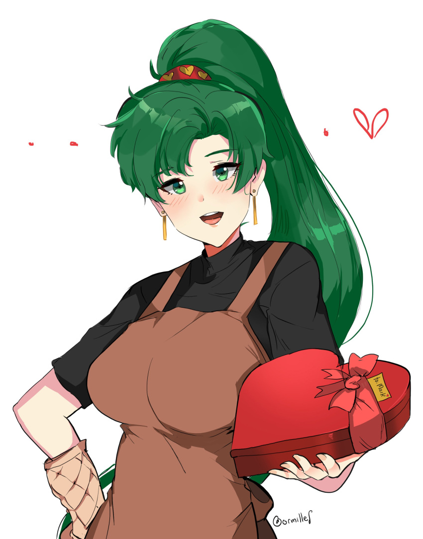 1girl absurdres apron blush breasts chocolate dotentity fire_emblem fire_emblem:_rekka_no_ken fire_emblem_heroes green_eyes green_hair high_ponytail highres long_hair looking_at_viewer lyndis_(fire_emblem) ponytail simple_background smile solo white_background