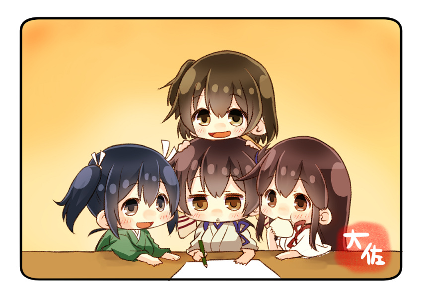 4girls :d akagi_(kantai_collection) artist_name blue_eyes blue_hair brown_eyes brown_hair commentary_request green_kimono hair_between_eyes hiryuu_(kantai_collection) holding holding_pencil japanese_clothes kaga_(kantai_collection) kantai_collection kimono long_hair multiple_girls one_side_up open_mouth pencil short_hair side_ponytail smile souryuu_(kantai_collection) taisa_(kari) tasuki twintails