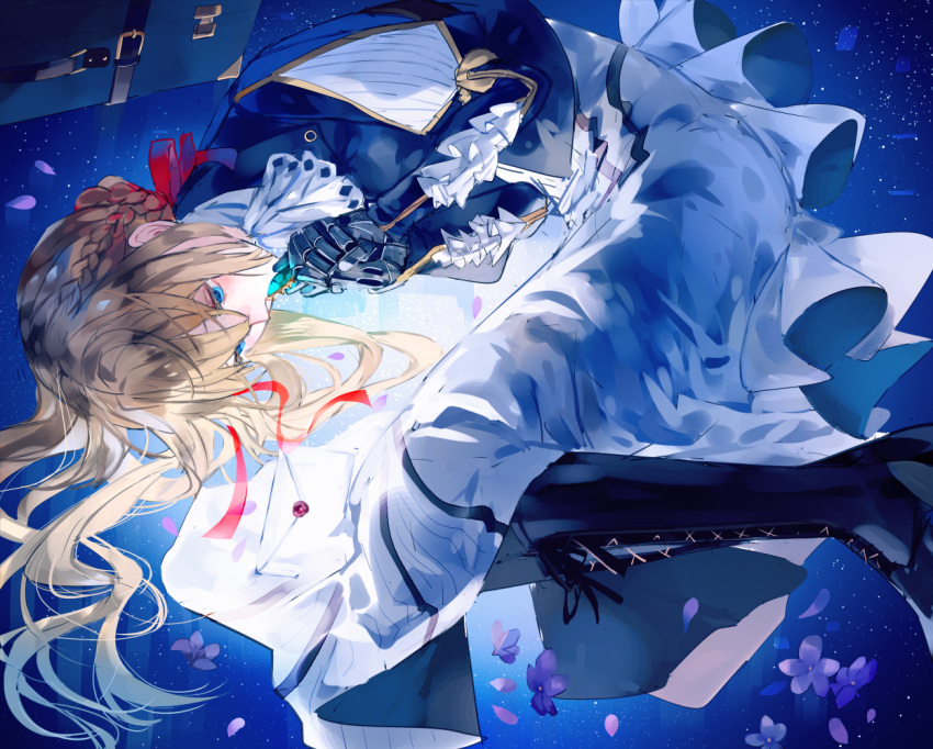 1girl bangs blonde_hair blue_eyes blue_jacket braid brooch dress envelope fetal_position flower hair_between_eyes hair_intakes hair_ribbon jacket jewelry letter long_hair long_sleeves lying mechanical_hands on_side petals red_ribbon ribbon solo suitcase syokuuuuuuuuumura violet_(flower) violet_evergarden violet_evergarden_(character)