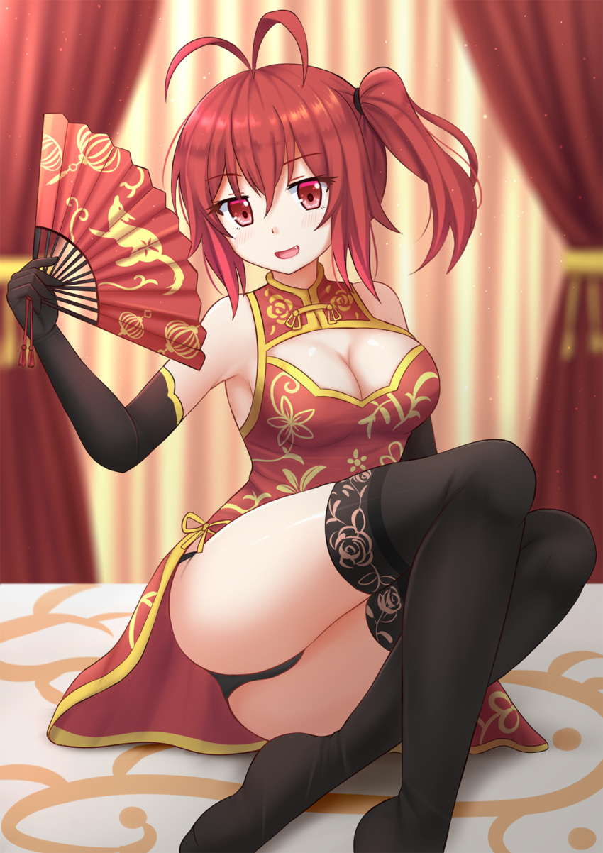 1girl :d ahoge ass bare_shoulders black_gloves black_legwear black_panties blush breasts china_dress chinese_clothes cleavage cleavage_cutout commentary curtains dress elbow_gloves eyebrows_visible_through_hair fan fang gloves hair_between_eyes hair_ribbon highres holding holding_fan indoors kazenokaze looking_at_viewer medium_breasts no_shoes on_bed open_mouth original panties red_eyes redhead ribbon side_ponytail sitting sitting_on_bed smile solo thigh-highs underwear